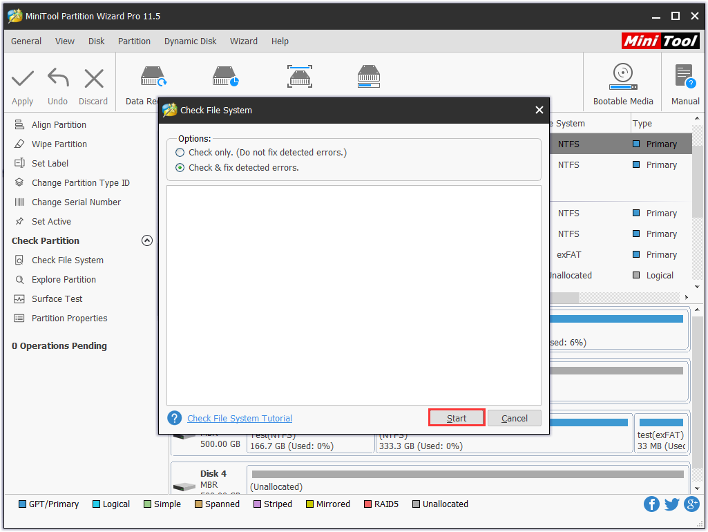 select Check & fix detected errors and hit Start button