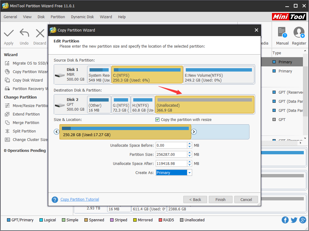 adjust the size and location of new partition