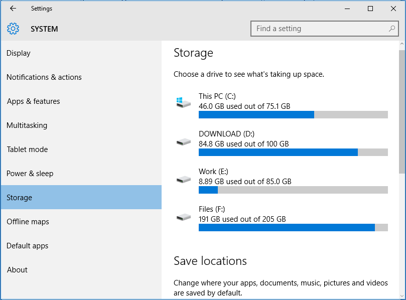 view storage usage in Windows 10