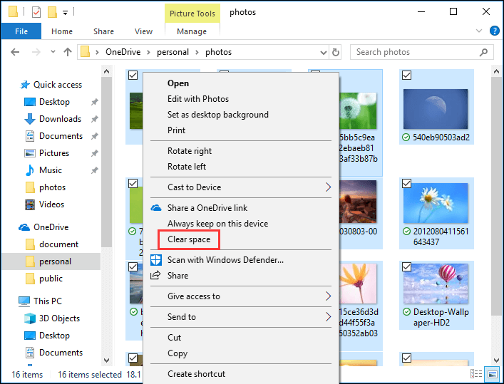 select OneDrive folder and choose Clear space