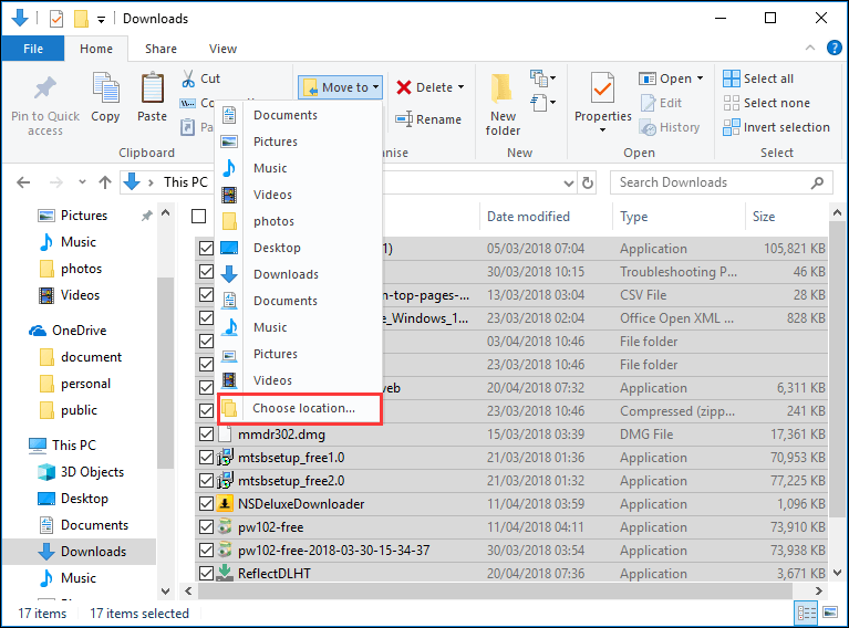 select files to move and choose location