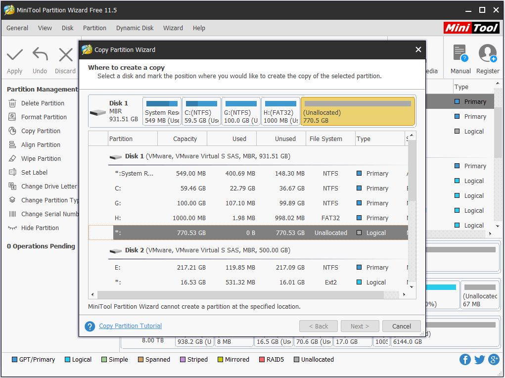 select unallocated space to contine