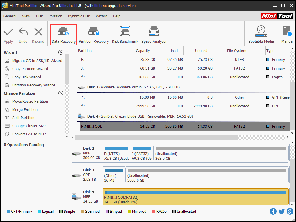 launch MiniTool Partition Wizard and click Data Recovery on the toolbar