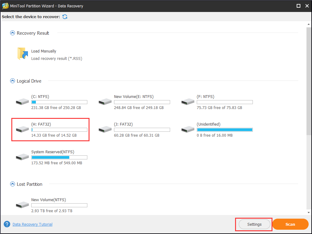 select a partition or and click Scan