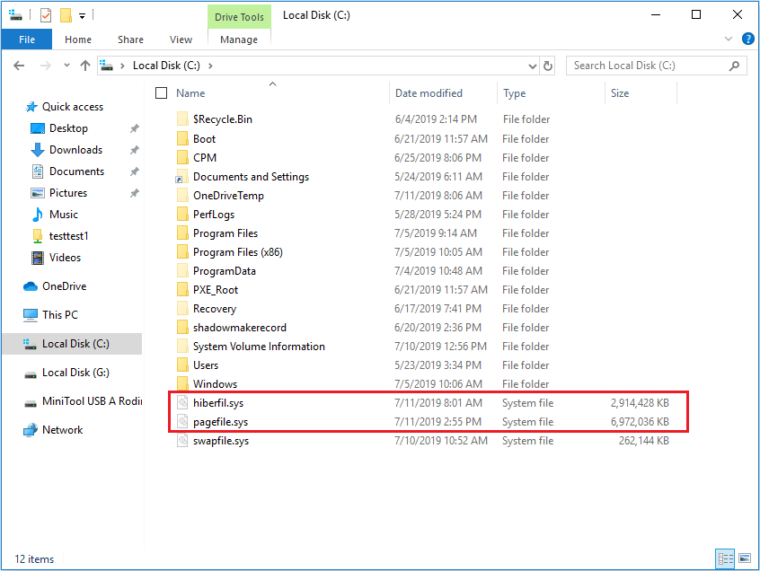 hidden hibernation file and pagefile