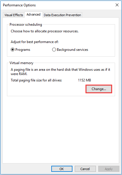 change virtual memory