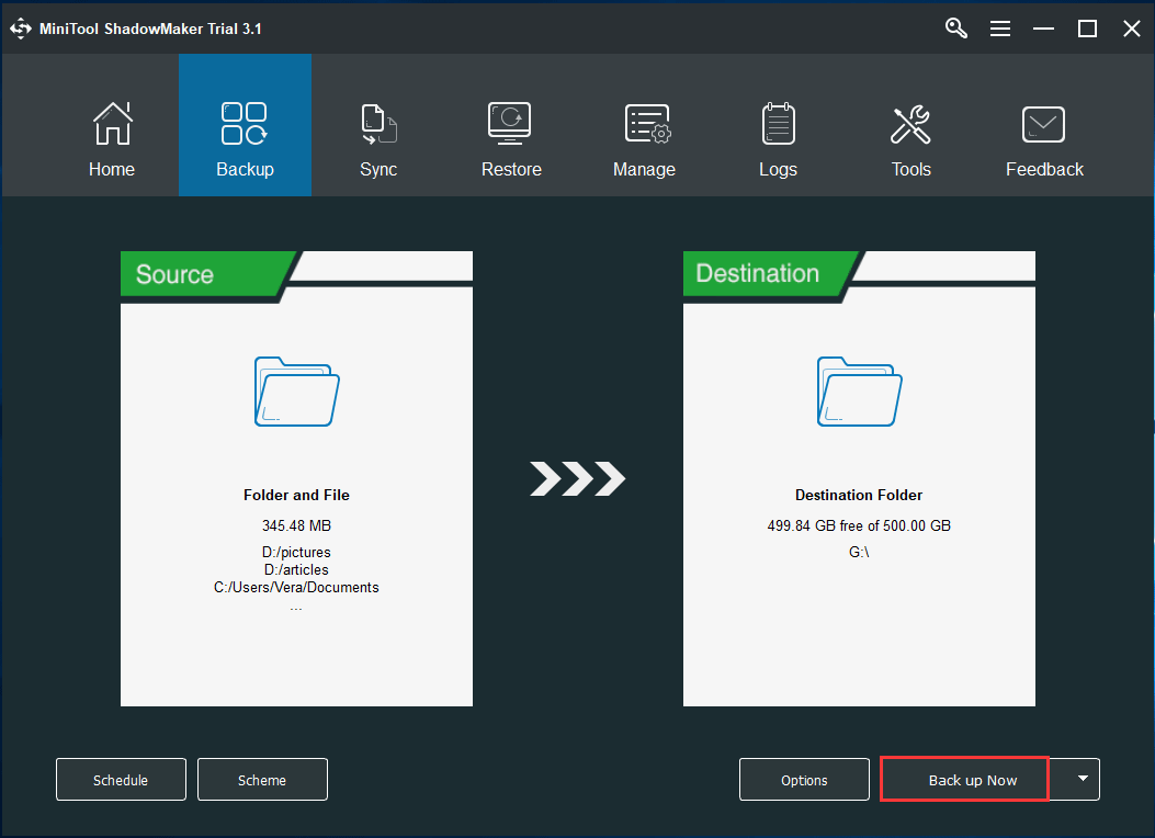use MiniTool ShadowMaker to back up files