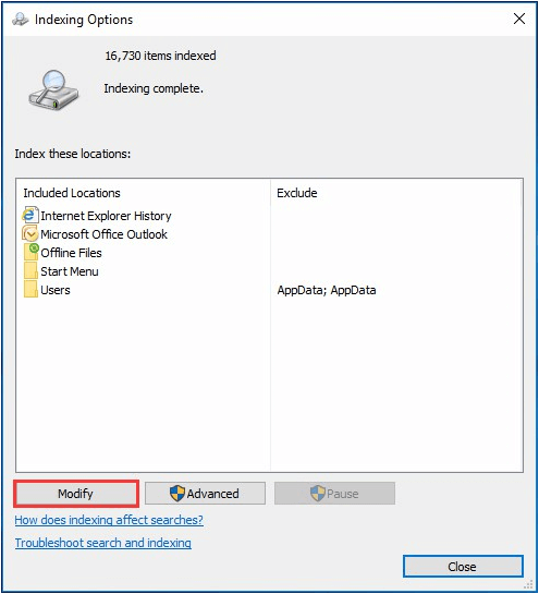 modify indexing options