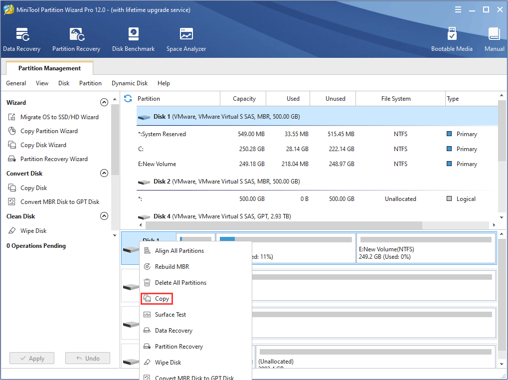 copy disk with MiniTool Partition Wizard