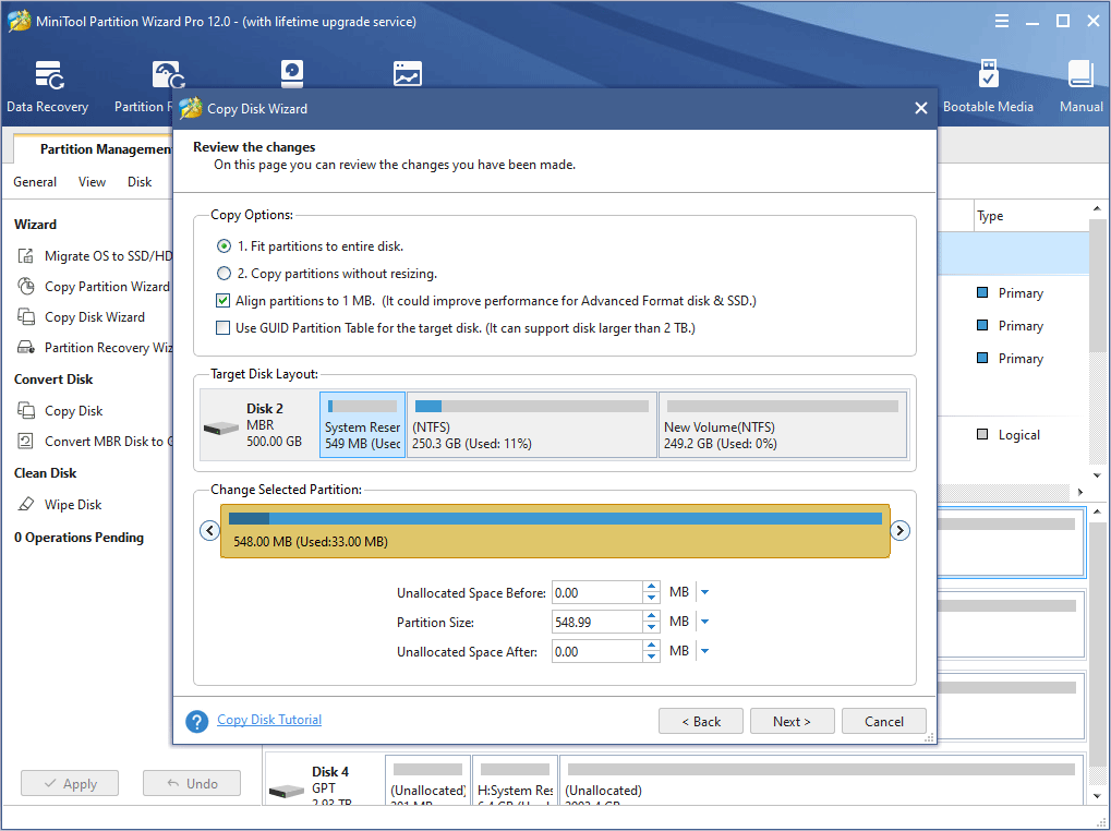 choose copy options and adjust disk layout