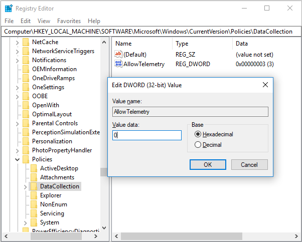 configure Windows Telemetry through Registry Editor