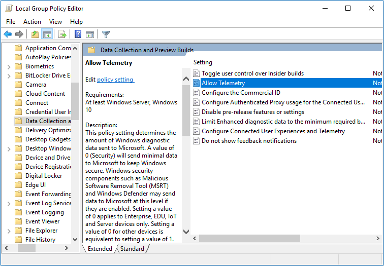 choose Allow Telemetry to disable Microsoft Compatibility Telemetry in Group Policy Editor