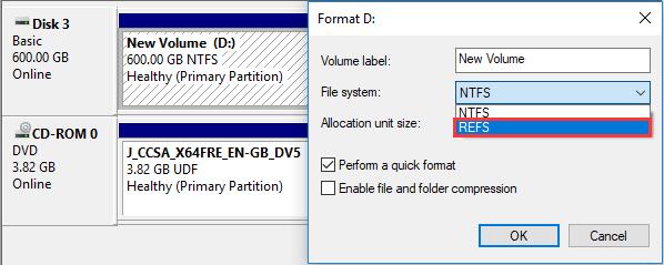 format a volume with ReFS in Windows 10 Pro