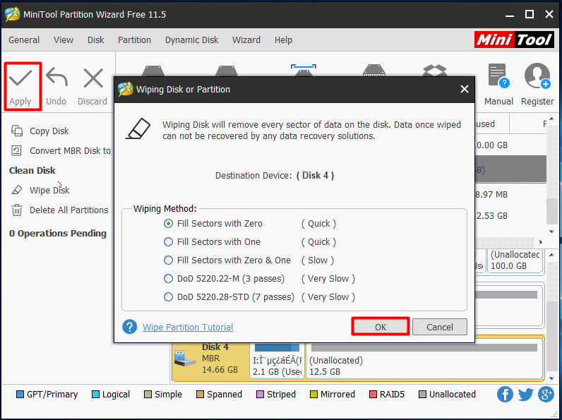 apply the wiping disk operation