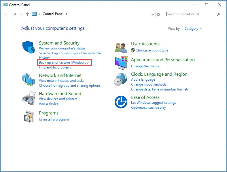 select back up and restore in control panel