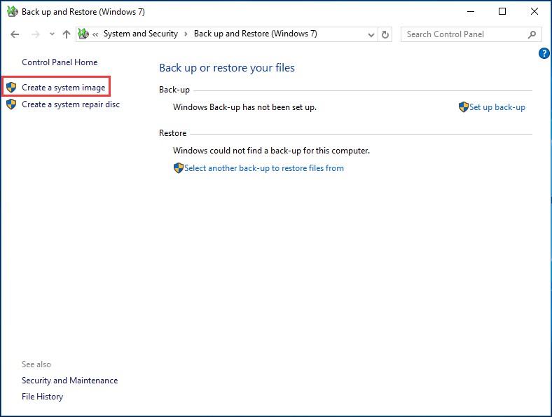 click create a system image