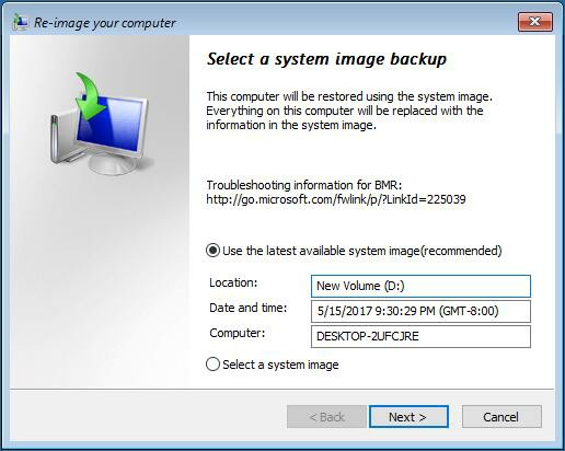 select a system image backup