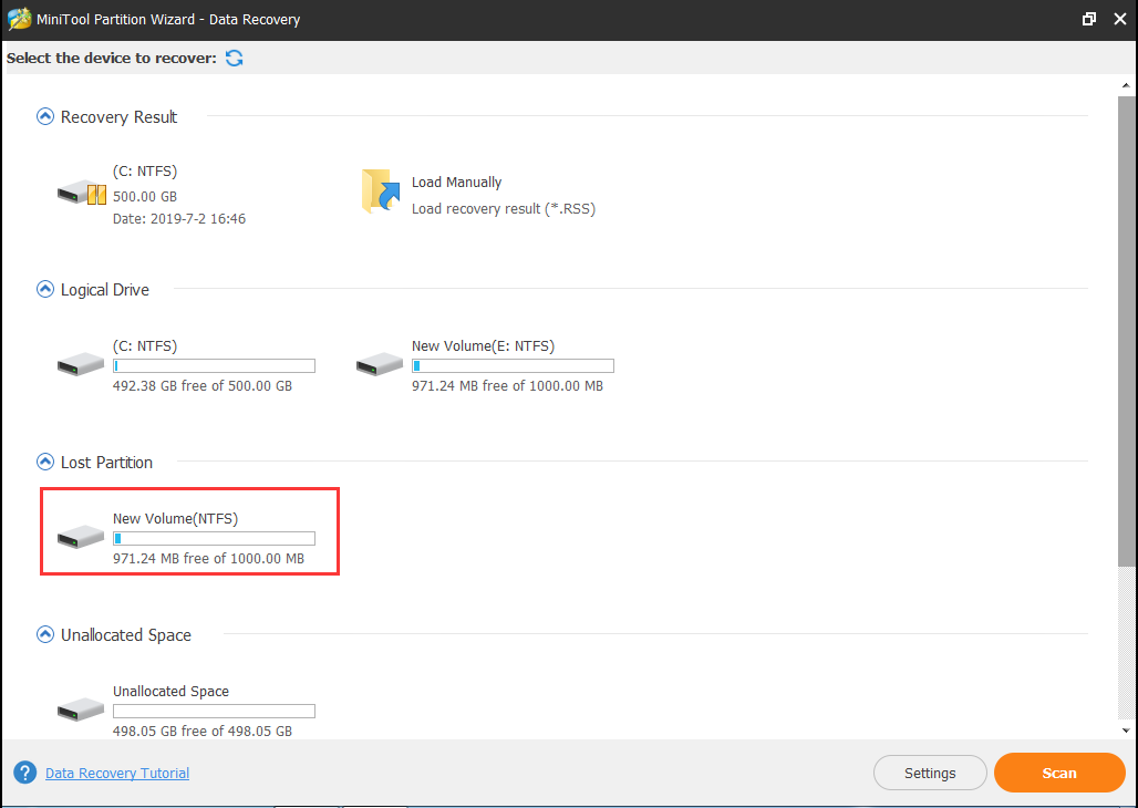 choose a Lost Partition to scan 