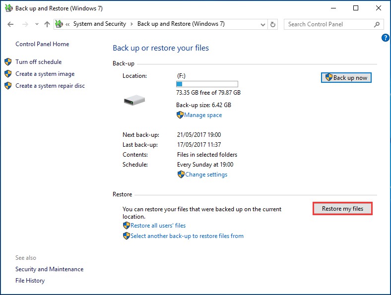 click Restore my files