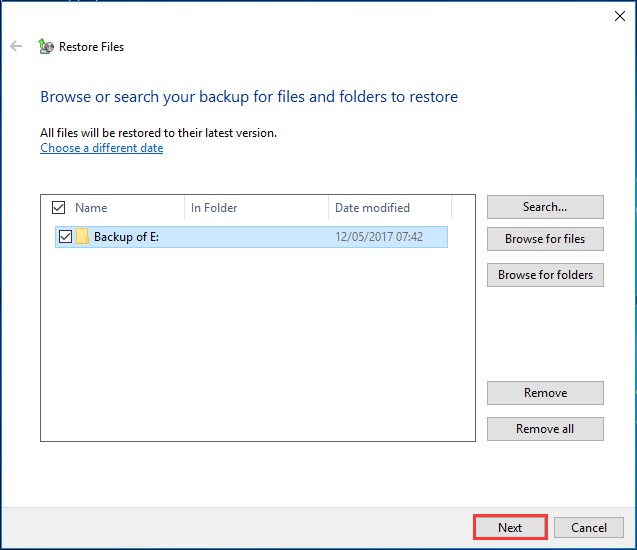 check the files/folders and hit Next button