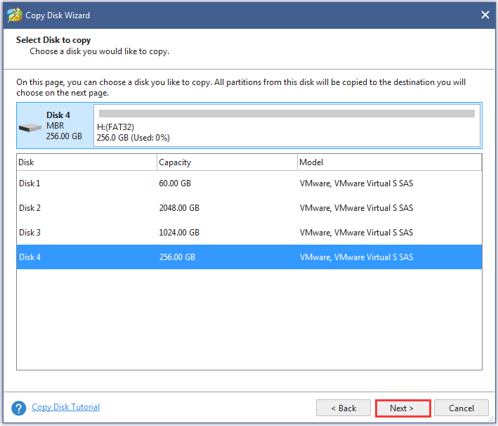 choose the source disk and click Next