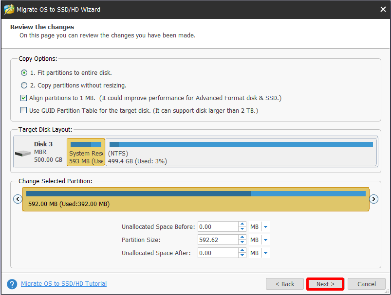 edit partition on the target disk and choose Next