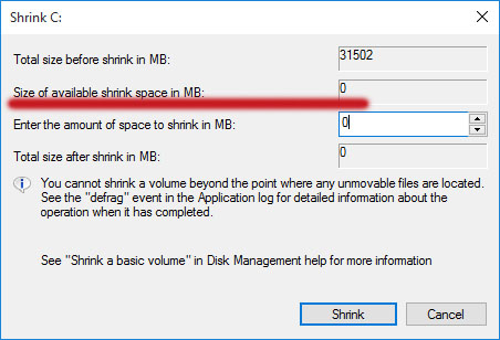 size of available shrink space 0 1