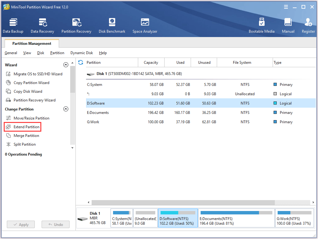 click Extend Partition from the left panel