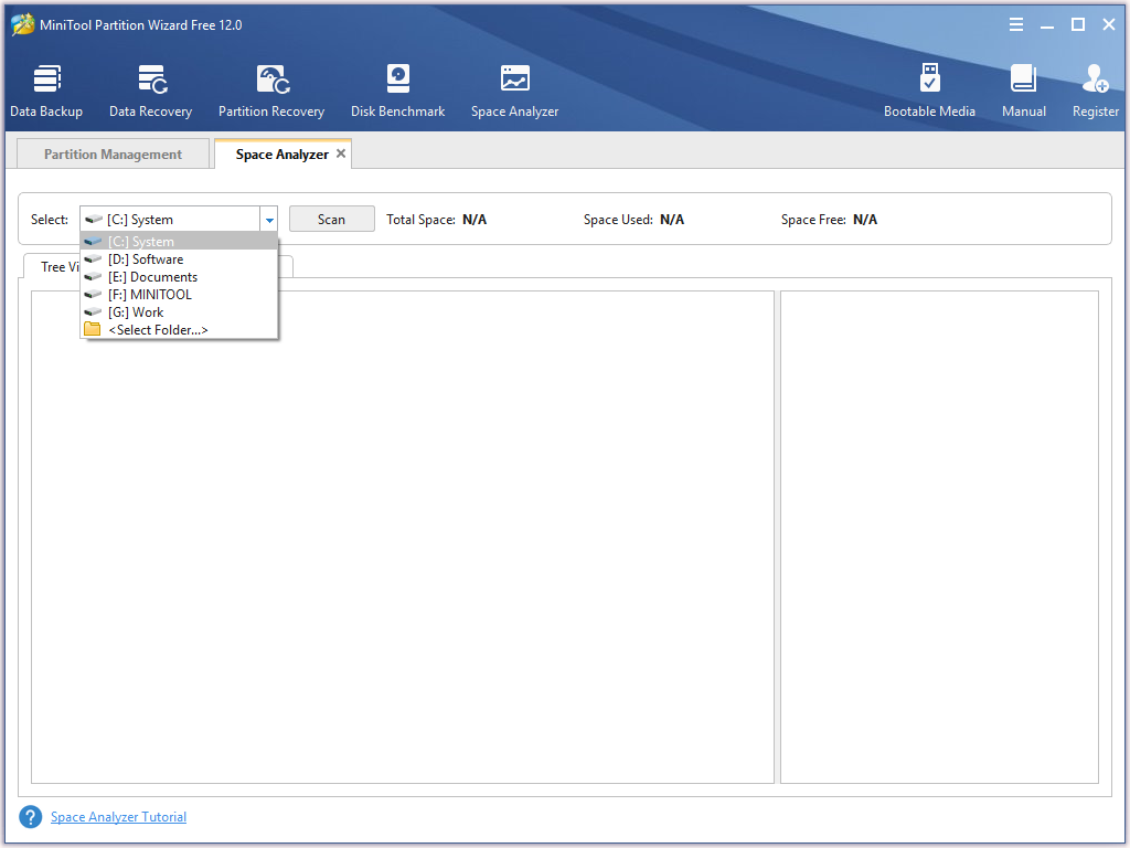 choose the partition and click Scan to analyze its space