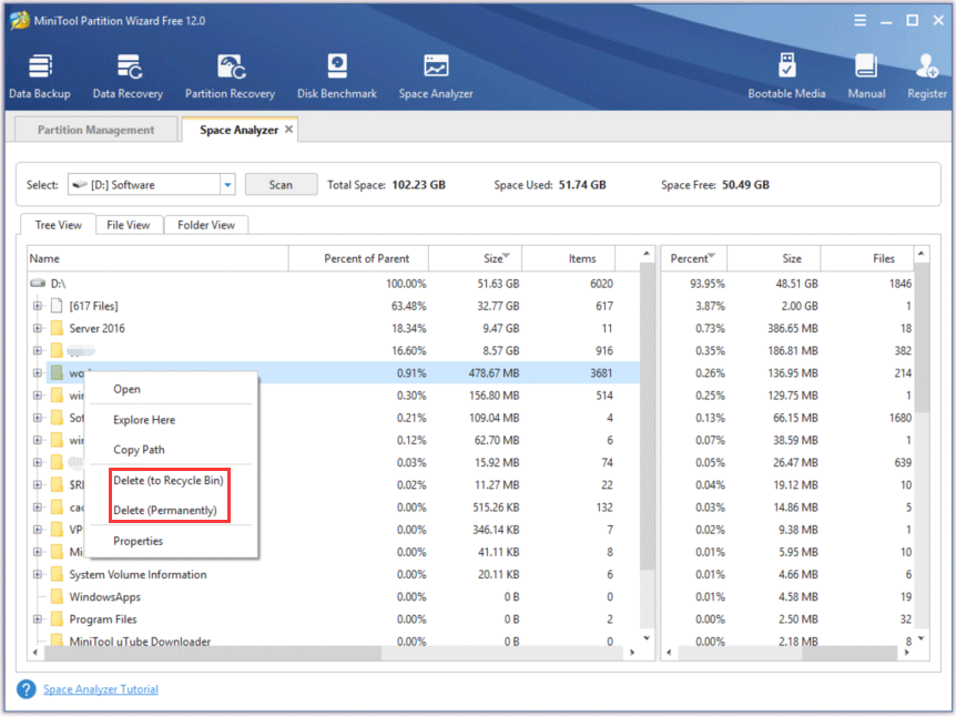 click Delete (to Recycle Bin) or Delete (Permanently) to delete the unused files