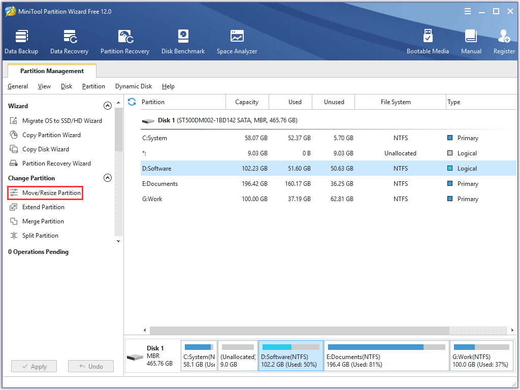 choose Move/Resize to change the size of the specified partition
