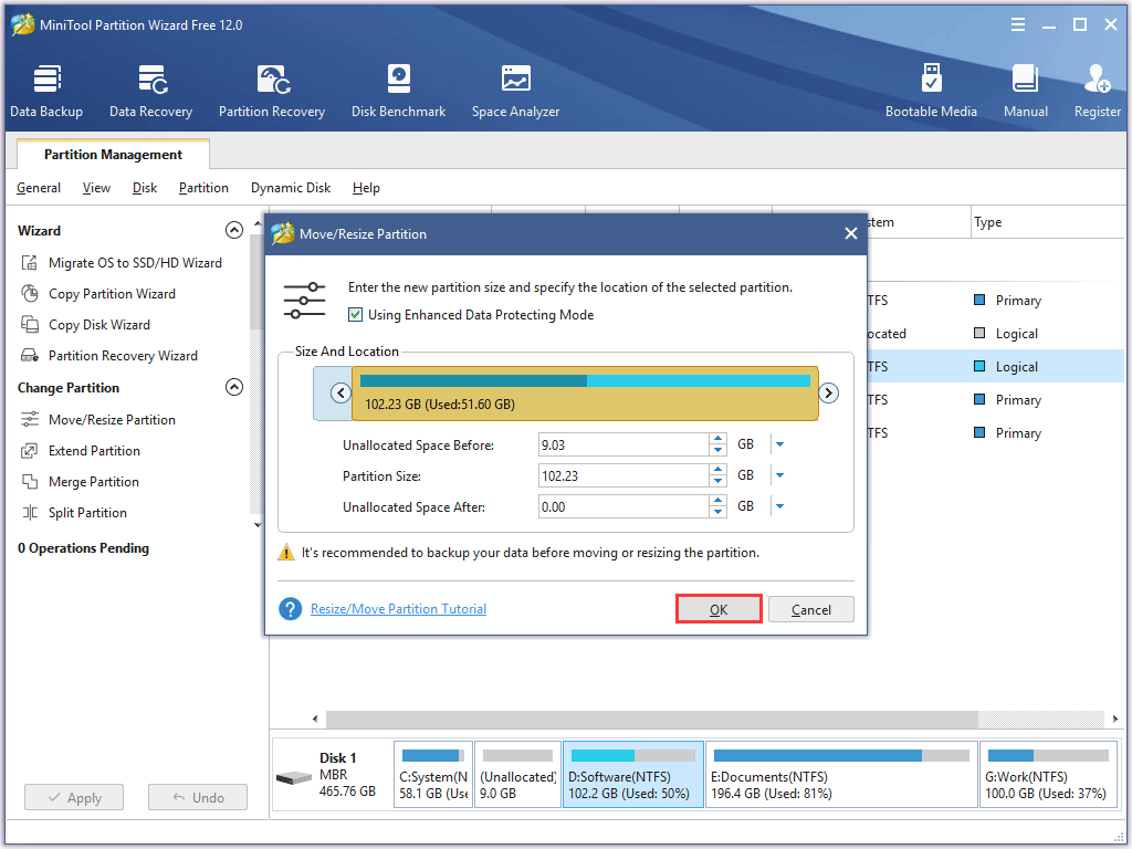 change the partition size by taking space from the adjacent unallocated space