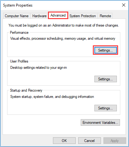 Select Settings under Performance