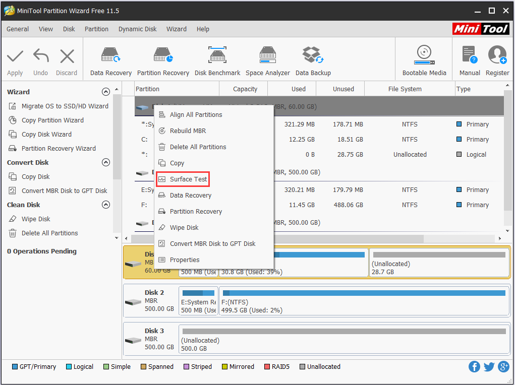 choose Surface Test from the multiple features