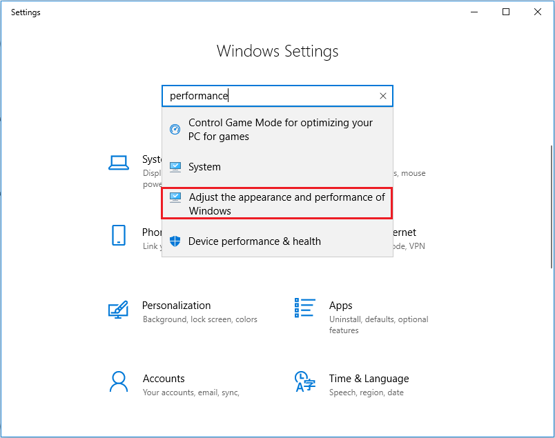 search for Performance and choose Adjust the appearance and performance of Windows