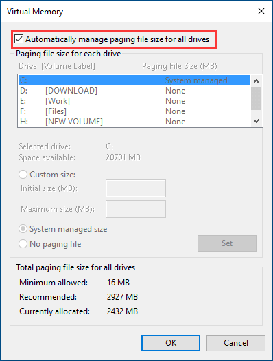 check Automatically manage paging file sizes for all drives
