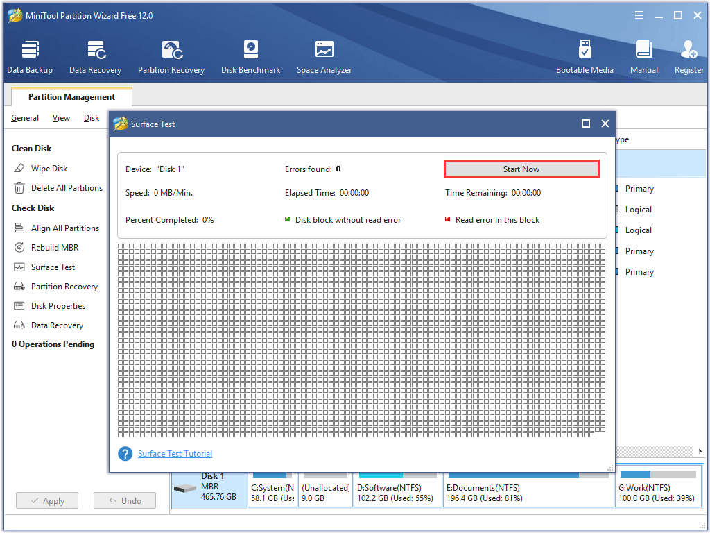 click the Start Now button in the Surface Test window