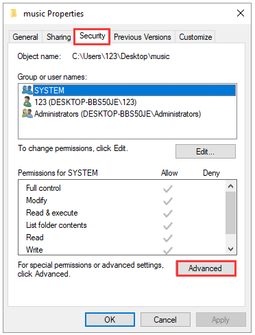 click the Advanced button in the Security tab