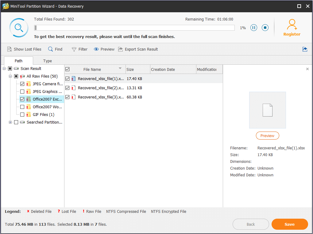 select found files to recover