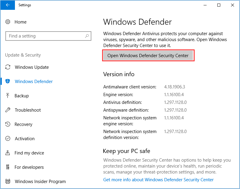 open Windows Defender Security Center