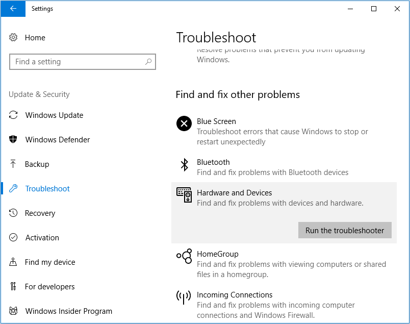 activate Hardware and Device troubleshoot