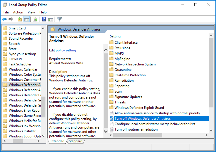 double-click Turn off Windows Defender Antivirus