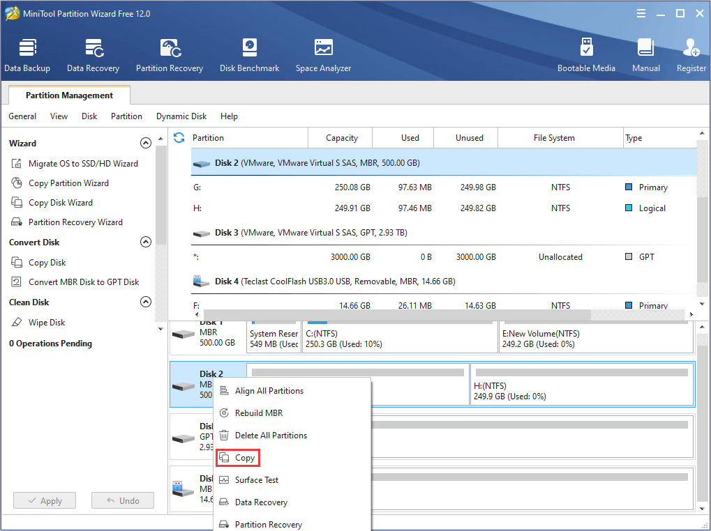 activate Copy Disk feature of MiniTool Partition Wizard