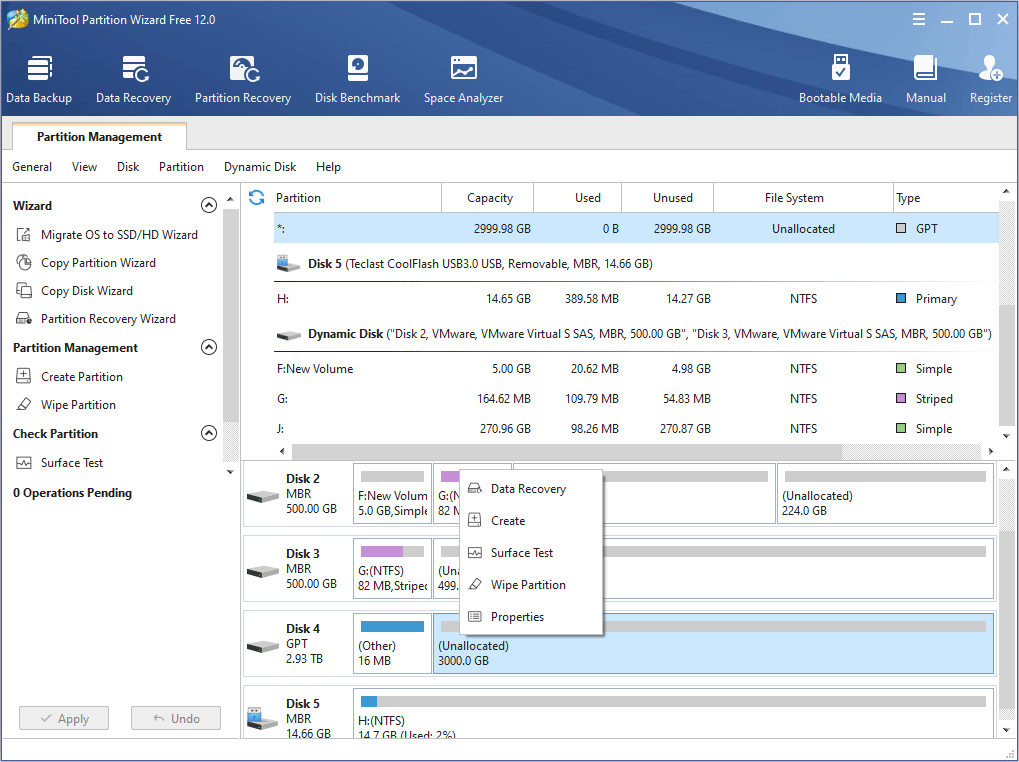 manage unallocated space in MiniTool Partition Wizard