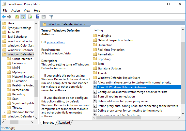 disable Windows Defender Antivirus in Local Group Policy Editor