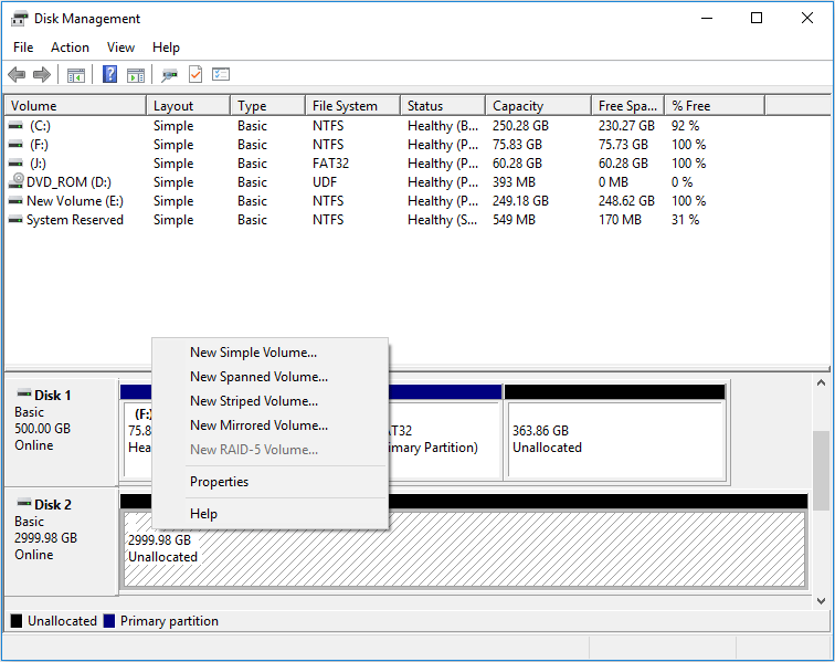 manage unallocated space in Disk Management