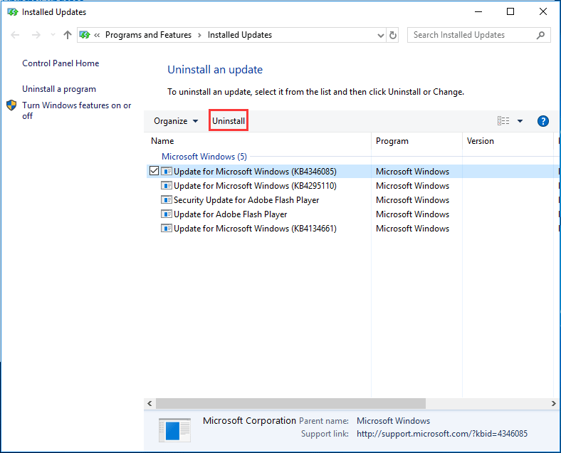 uninstall Windows 10 update