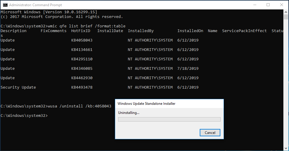 uninstall Windows 10 update command prompt