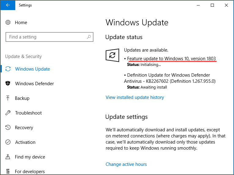 check for Windows 10 1803 update