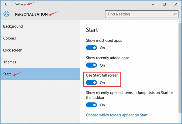 use start full screen